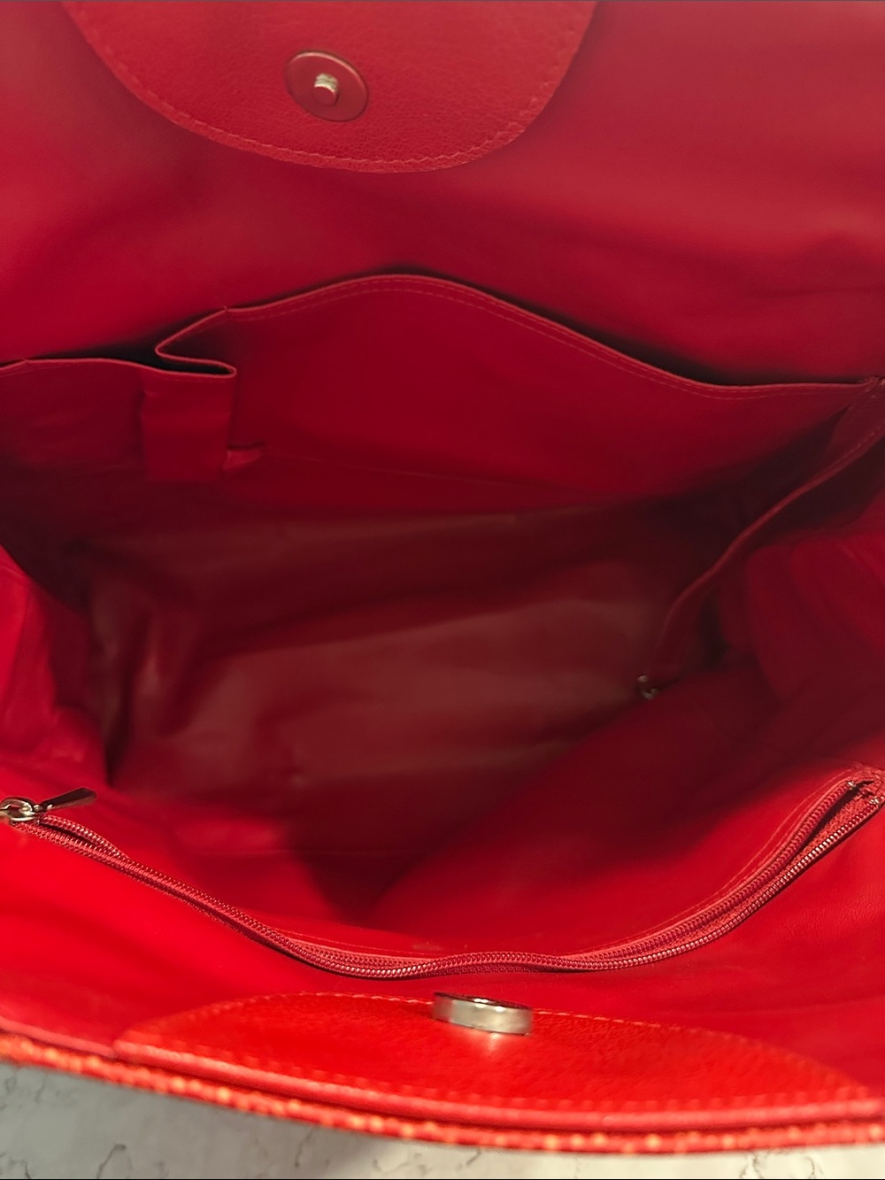 Longchamp Red Leather Tote with Textured Center Panel - Picture 7 of 13